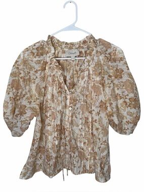 Cleobella Tan Metallic Stripe Floral Puff Sleeve Blouse Size Small Gold Cream